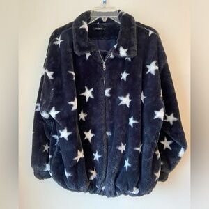 Storia Faux Fur Full Zip Bomber Jacket Black & White Star Print - size Small